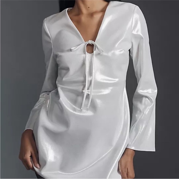 Anthropologie Long Sleeve V Neck Tie Front Metallic Mini Dress - Picture 2 of 13